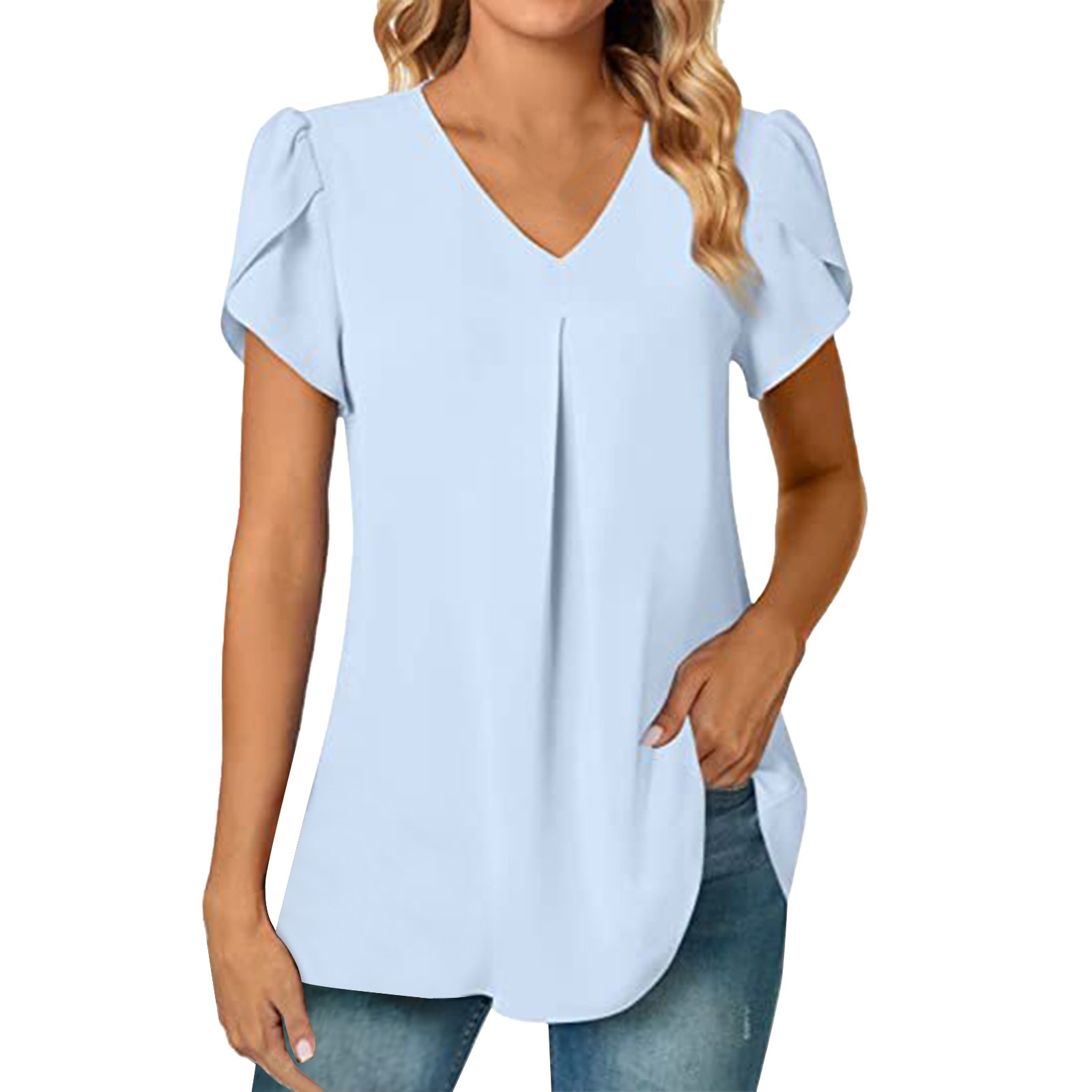 thumbnail image 2 of 2025 Top túnica de manga corta con cuello en V de gasa para mujer, ideal para leggings - Mezcla ligera de rayón, tallas S-XXL, 2 of 6